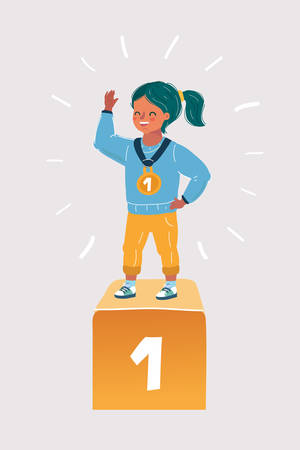 Vector cartoon illustration of Young girl with gold medals isolated on white background.のイラスト素材