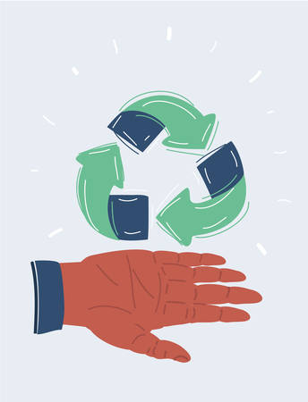Cartoon vector illustration of Sketch doodle recycle reuse symbol on dark background. Sign for ecology. Zero waste lifestyle concept. Hand drawn recycle icon.のイラスト素材