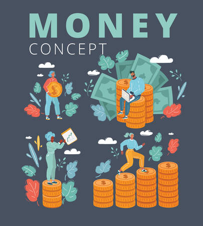 Cartoon vector illustration of Bundles of people with coin and banknotes, dollars isolated on dark background. Woman climbs a stack of coins, holds a chart and a coin in her hands, earns on freelance.のイラスト素材