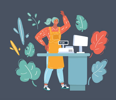 Cartoon vector illustration of shop cashier behind cash department window. Human character on dark background.のイラスト素材