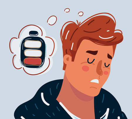 Cartoon vector illustration of man falling asleep. Tired people concept in sleeping, dozing, relaxing, take a break or lazy at working. Battary low metaphor.のイラスト素材