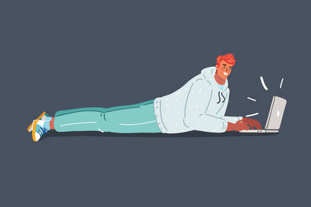 Cartoon vector illustration of Man lies on his stomach while he working on his laptop. Character on dark background.のイラスト素材