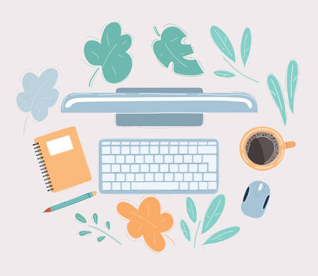 Keyboard, notebook, cup of coffee, pencil, mouseのイラスト素材