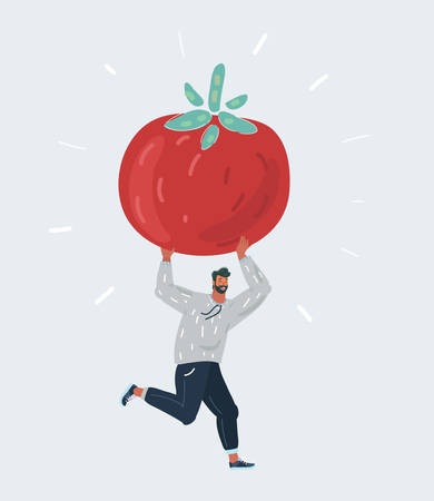 Cartoon vecor illustration of man run with big giant tomato in his hands on white.のイラスト素材