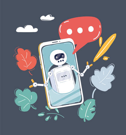 Cartoon vector illustration of Cute robot, chat bot say hi, voice support service. Speach bubble,virtual online help customer support on phone screen on dark background.のイラスト素材