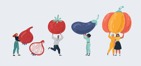 Cartoon vector illustration of group of people with big vegetable. Eggplant, onion, pumpkin, tomato. Health food concept, diet, vegan, cooking.のイラスト素材