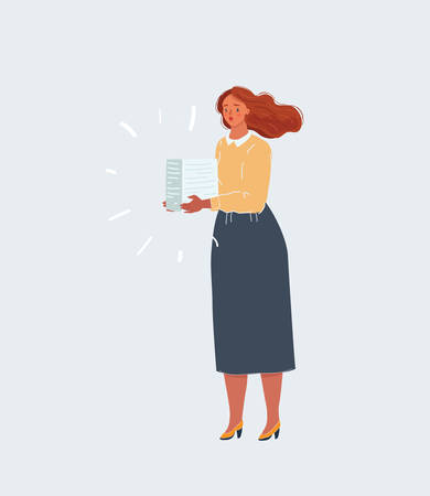 Cartoon vector illustration of woman with stack of paper in her hands. Office characterのイラスト素材