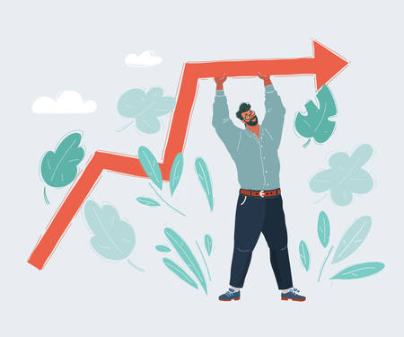 Cartoon vector illustration of man support line on the chart and does not allow the arrow to go down. Man on white background.のイラスト素材
