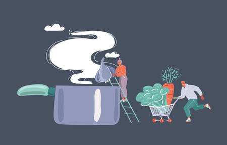 Cartoon vector illustration of man and woman cooking at the kitchen on dark background.のイラスト素材