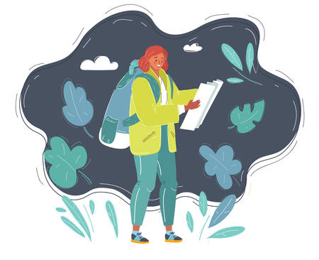 Vector illustration of woman with backpack with map in her hands.