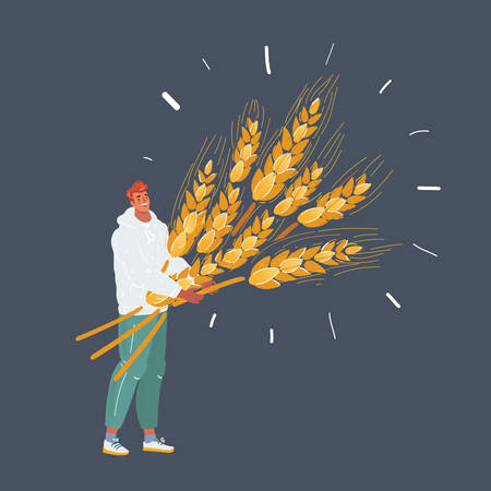 Cartoon vector illustration of man with wheat with big sheaf of wheat. Isolated character on dark background.のイラスト素材