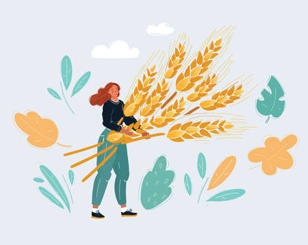 Cartoon vector illustration of woman with big sheaf of wheat.のイラスト素材