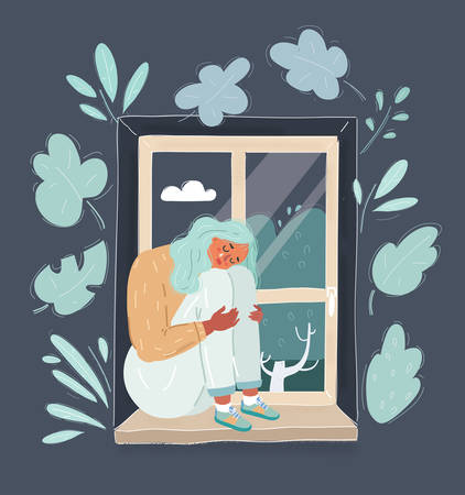Young woman clutching at window sobbing after breakup with partner.のイラスト素材