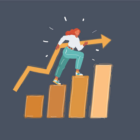 Vector illustration of woman on stairs. Consept of success. Character on dark background.のイラスト素材