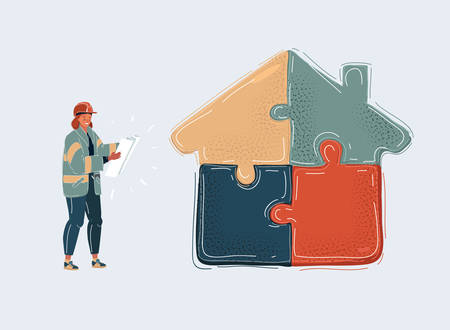 Cartoon vector illustration of business woman stading with blueprint in her hands near jigsaw house isolated white background.のイラスト素材