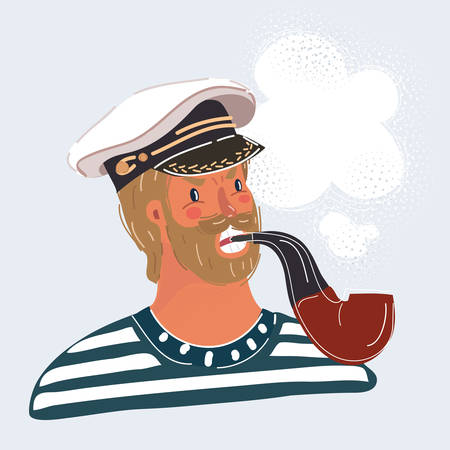 Cartoon vector illustration of sailor man, captain, isolated on white background. Seaman face smoke tobacco pipeのイラスト素材