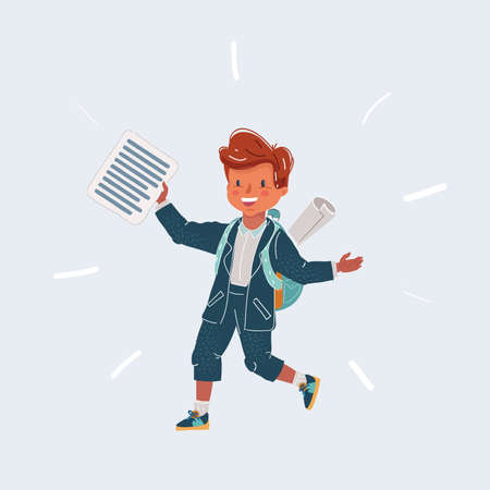 Vector illustration of school boy, student carrying backpack and test sheet of notebooksのイラスト素材