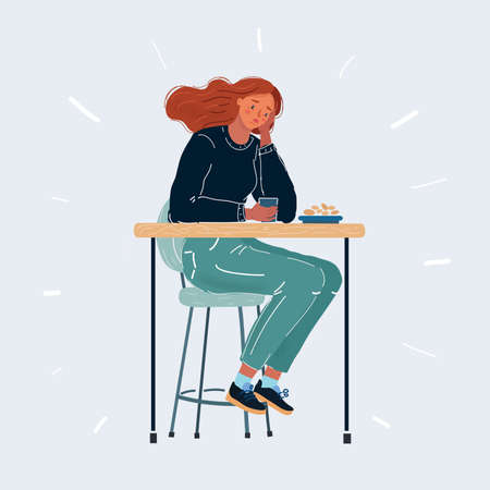 Vector illustration of sad woman. Depressed person sitting at the bar or cafe,のイラスト素材