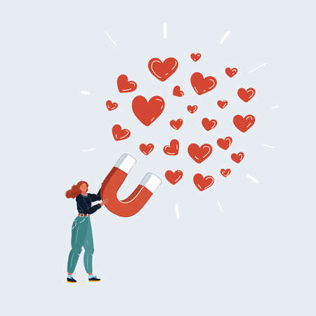 Vector illustration of Woman attracting love and likes with big magnet. Social approval, Dating on white backgroundのイラスト素材