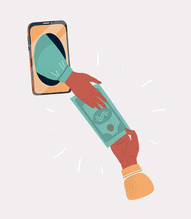 Vector illustration of screen phone with human hands give dollars to each other. Isolated on a white backgroundのイラスト素材