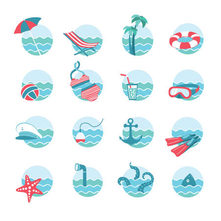 set of nautical or marine and beach vacation themed round icons with wavesのイラスト素材