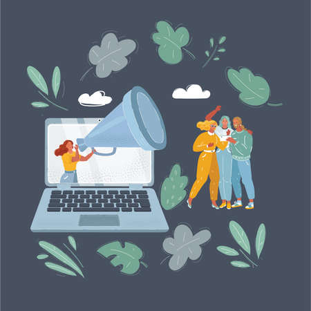 Vector illustration of woman speaker holding megaphone laptop and attracts attention of people. Advertising and teamwork concept. remote management.のイラスト素材
