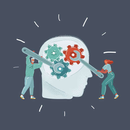 Vector illustration of Human head and people with wrench. Mental health. Man and woman try to fix someone mind.のイラスト素材