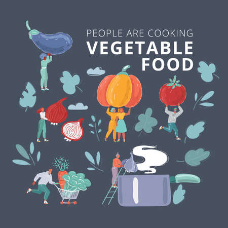 Vector illustration of chopping food vegetable ingredients. Tiny people in cooking prosses. Eggplant, pumpkin, tomato, onion, carrot, pan, broccoli, garlic. Man and woman on white background.のイラスト素材