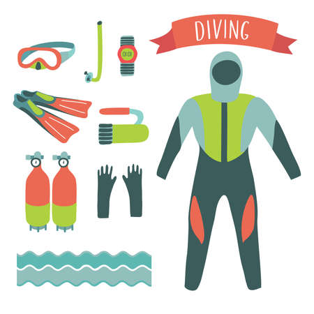 Colorful vector illustration of diving elements set on white isolation backgroundのイラスト素材
