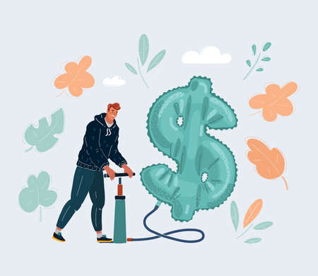 Vector illustration of woman is pumping up inflatable dollar symbol on white background.のイラスト素材