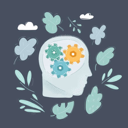 Vector illustration of human mind on dark background. Gear in the head. Mental prosses concept. Object on dark background.のイラスト素材