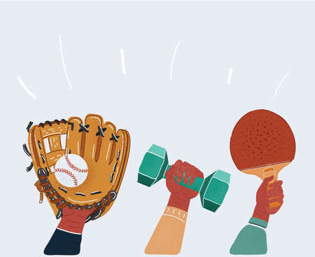 Vector illustration of group of sport equipment in human hands. Object on white background.