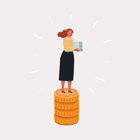 Cartoon illustration of Stack of golden coins isolated on dark background. Woman have salary and remuneration of a specialist conceptのイラスト素材