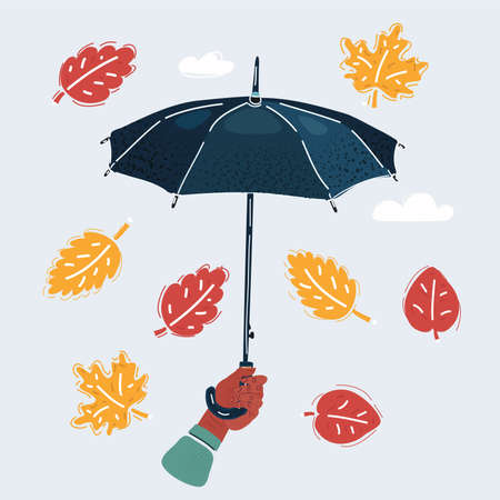 Cartoon illustration of Hand with umbrella and isolated on white background and autumn fallen leaves around.のイラスト素材
