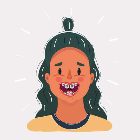 Cartoon illustration of smiling kid. Girl with braces on his teeth. Portrait on white background.のイラスト素材