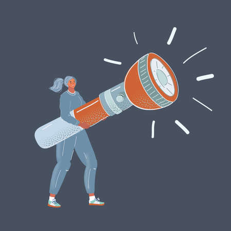 Vector illustration of young woman holding flashlight on dark background.のイラスト素材