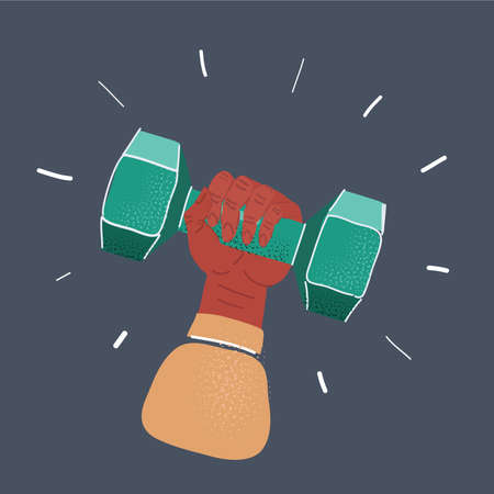 Vector illustration of hand holding dumbell on dark background.のイラスト素材