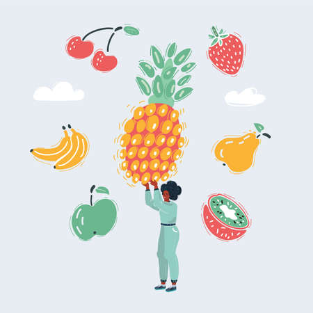 Vector illustration of woman holding big giant pineapple in his hands and stand on white background. Different fruit arround of.のイラスト素材