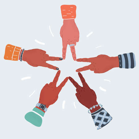 illustration of hands of a few people, who made their fingers stars shape. People get together...