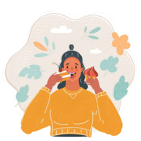 Vector illustration of woman Eating Cake on dark background.のイラスト素材