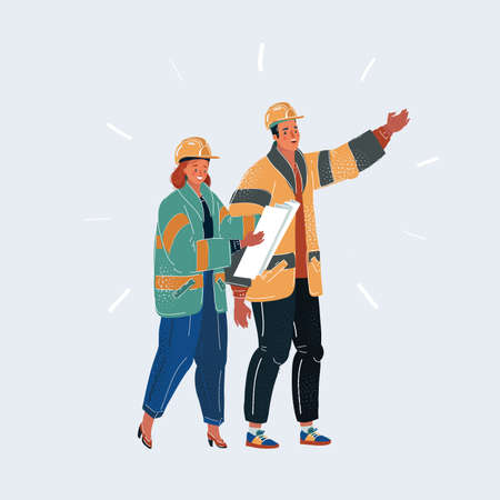 Vector illustration of two builders in helmet. Man and woman engeneer with plan talking about job on white background.のイラスト素材