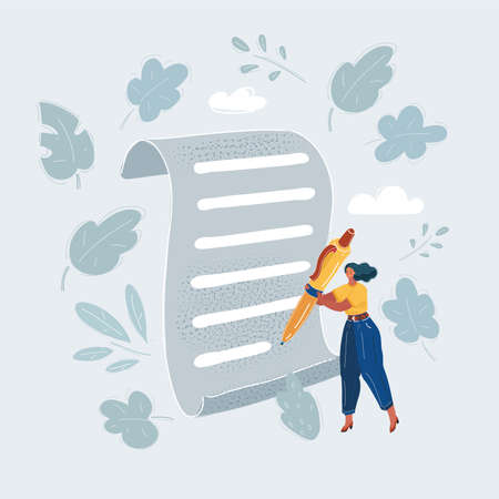 Vector illustration of woman hand signing contract. Big pan and tiny character on white background.のイラスト素材