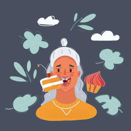 Vector illustration of woman eat cakes on dark backround. Close up view faceのイラスト素材