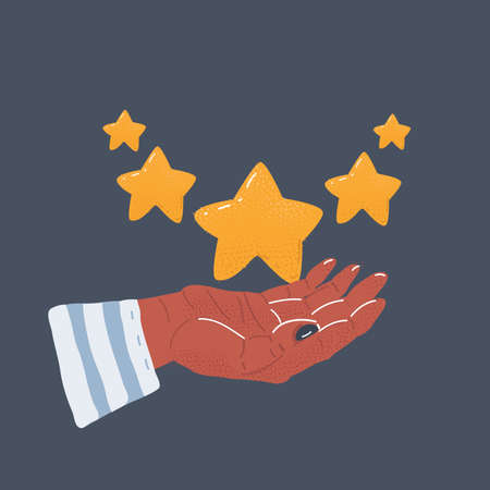 Vector illustration of Hand holding rating five stars on dark background.