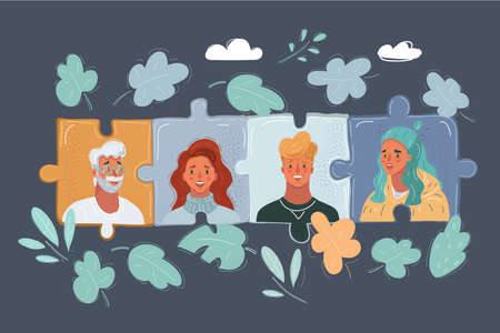 Vector illustration of project team with puzzles, jigsaw. Peope face avatars. Man and woman get...