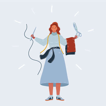 Vector illustration of woman Tailor holds a pair of tailor s scissors and a needle and threadのイラスト素材