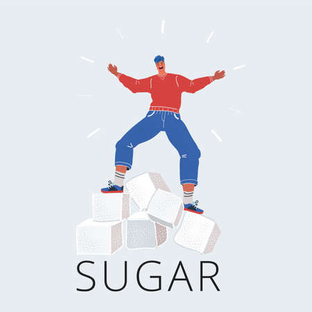 Vector illustration of man balanced on Sugar cubes on white background. Too much sugar conceptのイラスト素材