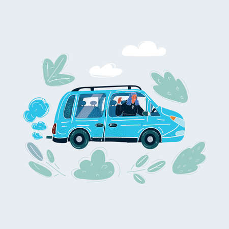 Vector illustration woman drives a car on whie background.のイラスト素材