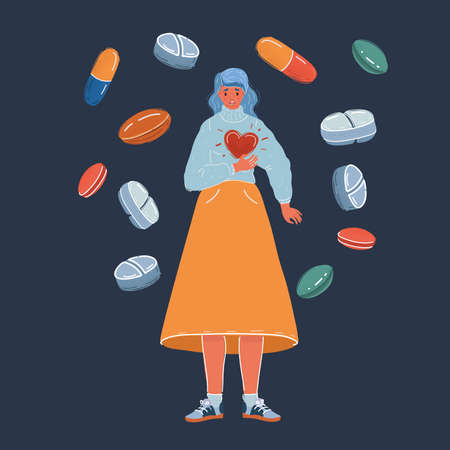 Vector illustration of woman having heart or panic attack. Female character on dark backround.のイラスト素材