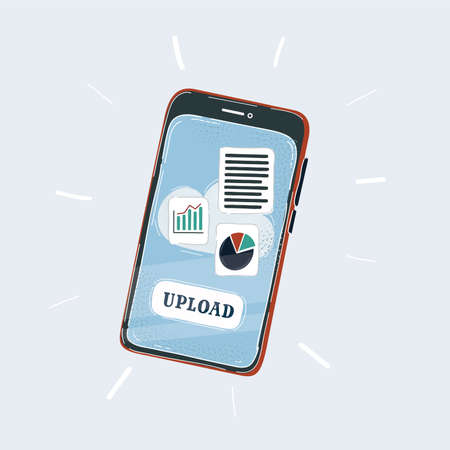 Vector illustration of Smartphone. App on mobile phone. Data upload. Cloud service. Server message, file saving. Object on white background.のイラスト素材
